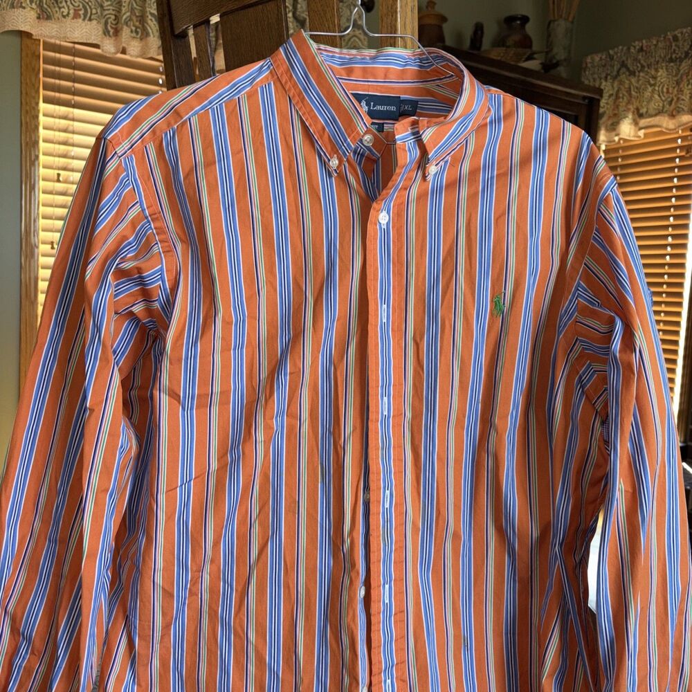 Polo Ralph Lauren Mens XL Classic Fit Oxford Button Down Orange Striped Classic